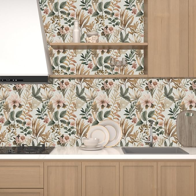 Vintage Pink Green Gold Floral Botanical Wallpaper 17.5''x393'' | Self Adhesive/Removable/Waterproof/Thick Vinyl Contact Paper for Bathroom Bedroom Shelf Cabinet Drawer,Prepasted,Easy Peel