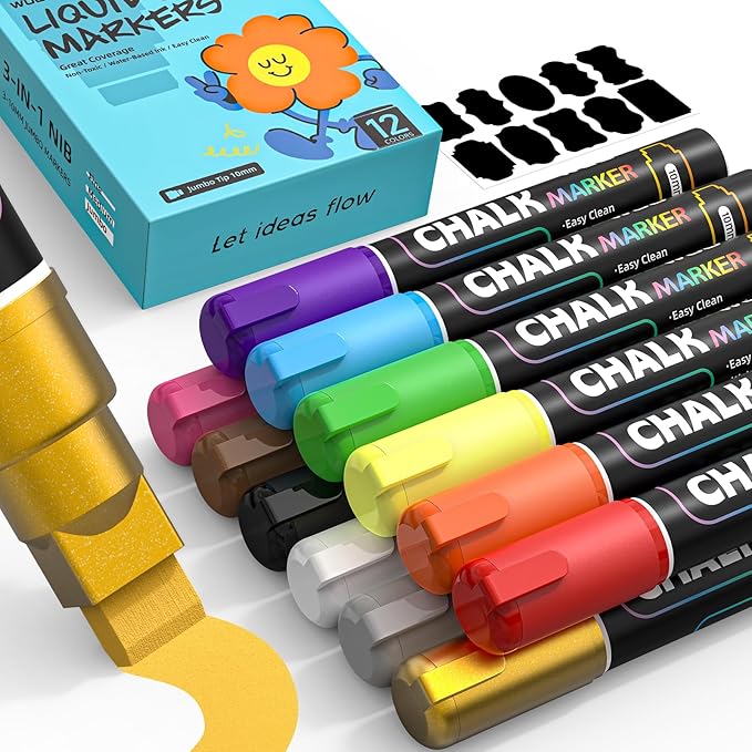 WUO 12 Colors Liquid Chalk Markers, 10mm Jumbo 3-in-1 Nib Window Chalk Markers, Washable Chalkboard Markers for Glass, Windows, Blackboards, Mirrors, Bistro Signage, and DIY Art Crafts