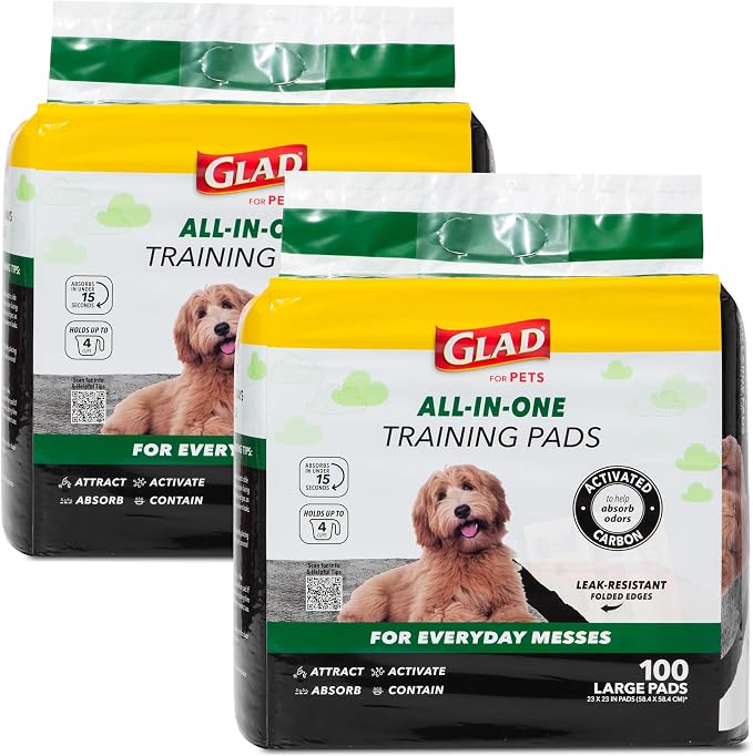 Glad for Pets Black Charcoal Puppy Pads | Puppy Potty Training Pads That Absorb & NEUTRALIZE Urine Instantly | New & Improved Quality, 100 Count(2-Pack)
