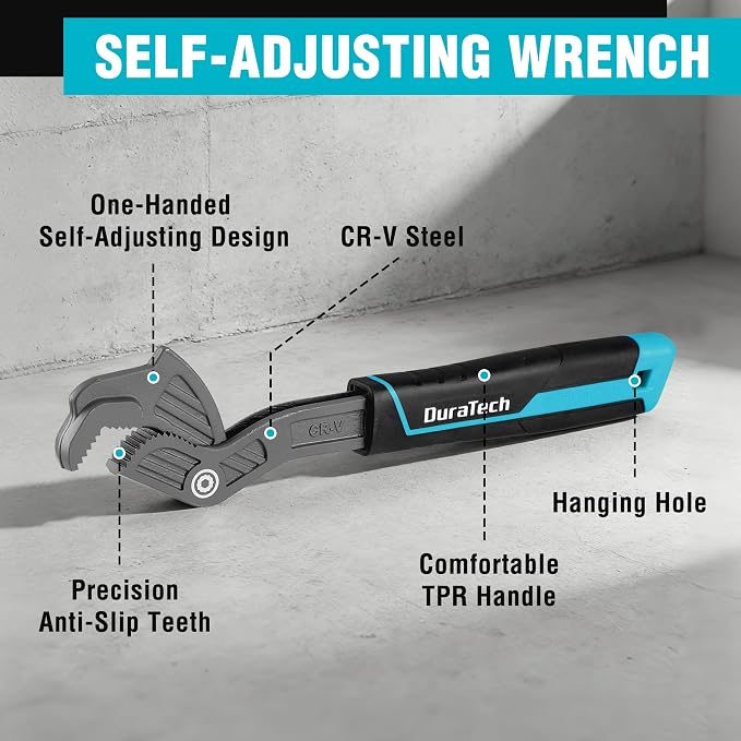 DURATECH 2-Piece Self-Adjusting Wrench Set, 8" & 12" Pipe Wrenches | Adjustable Size 3/8"-1-5/8"(9-41mm), Cr-V Steel, Non-Slip TPR Handle, Pouch, For Home Repair, Mechanic and DIY Projects