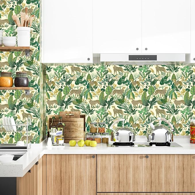 Yellow Vintage Leopard Peel and Stick Wallpaper 17.5" x 118" | Waterproof Vinyl Self Adhesive Removable Renter Friendly Floral Contact Paper