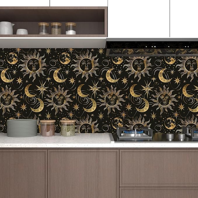 Laatse Black Peel and Stick Removable Vintage Wallpaper Gold Celestial Sun Moon Star Contact Paper 17.5" x 393" Dark Boho Mural Waterproof for Wall Bedroom Kitchen Bathroom Cabinet Room Decor