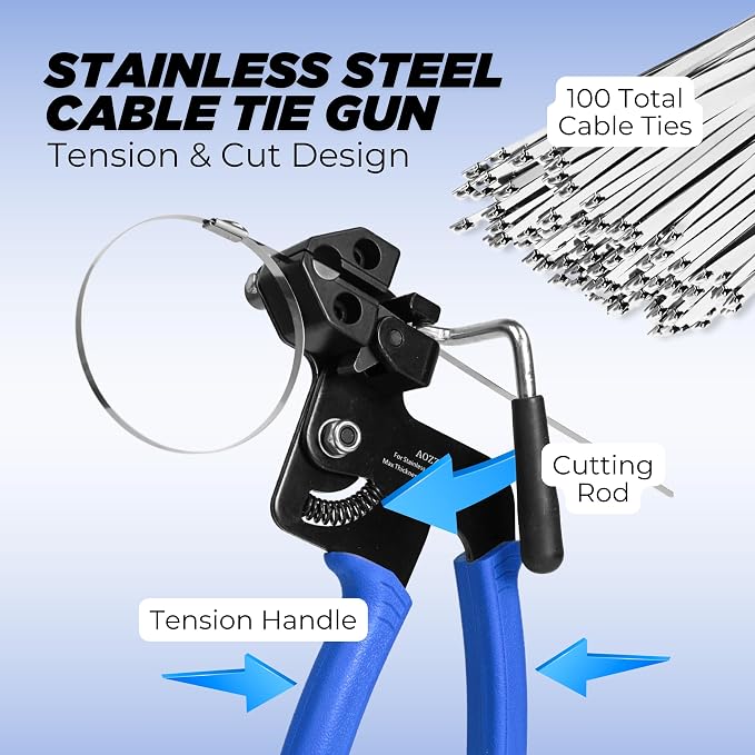 Stainless Steel Zip Tie & Gun - Outdoor Zip Ties Heavy Duty UV & Corrosion Resistant – 100 Count 15.75in Metal ZipTie - Zip Tie Gun & Steel Zip Ties for Fence, Tarps, Cables, & Exhaust Pipe