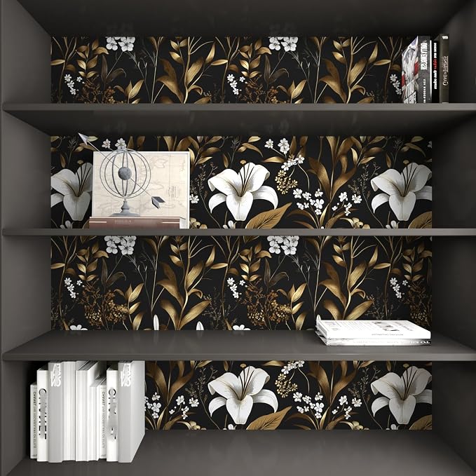 Vintage Dark Black Golden Floral Peel and Stick Wallpaper 17.5"x787" | Self Adhesive/Removable/Waterproof/Thick Vinyl Extra Long Contact Paper for Bathroom Bedroom Shelf Cabinet Drawer,Prepasted