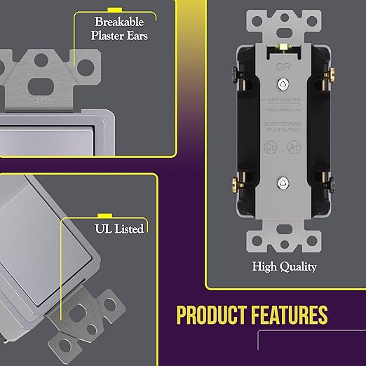 ENERLITES 4-Way Decorator Light Switch, Four Way Paddle Rocker Switch, Gloss Finish, Ground Wire Lead Attached, Residential/Commercial Grade, 15A 120V/277V, UL Listed, 94150-SV, Silver