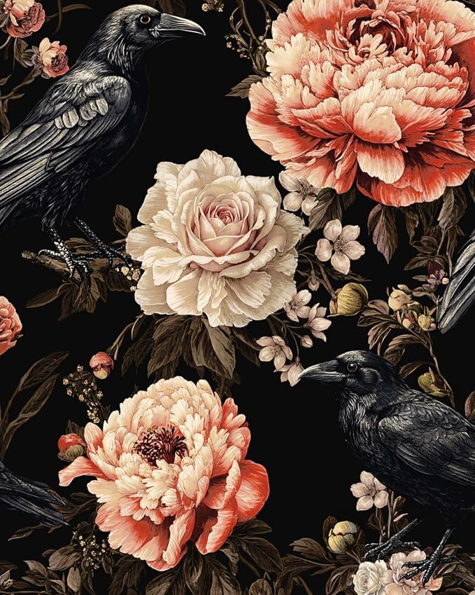 ILHIIOR Black Crow Floral Peel and Stick Wallpaper 17.5 x 118 Inches | Leaf Removable Self Adhesive Waterproof Contact Paper, Renter Friendly Decor for Cabinets, Drawers & Bedroom Walls