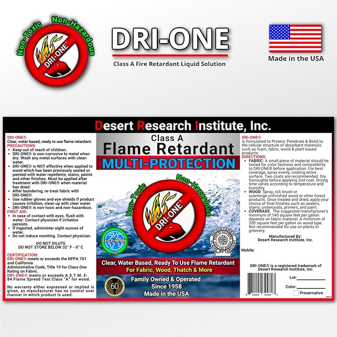 Fire Retardant Spray Liquid Solution (Class A for Natural Textiles, Raw Wood, Absorbent Materials & More) Eco-Safe, Non Toxic, C.A.C. Title-19, ASTM E84, DRI-ONE, One Quart with One Sprayer- 32 oz