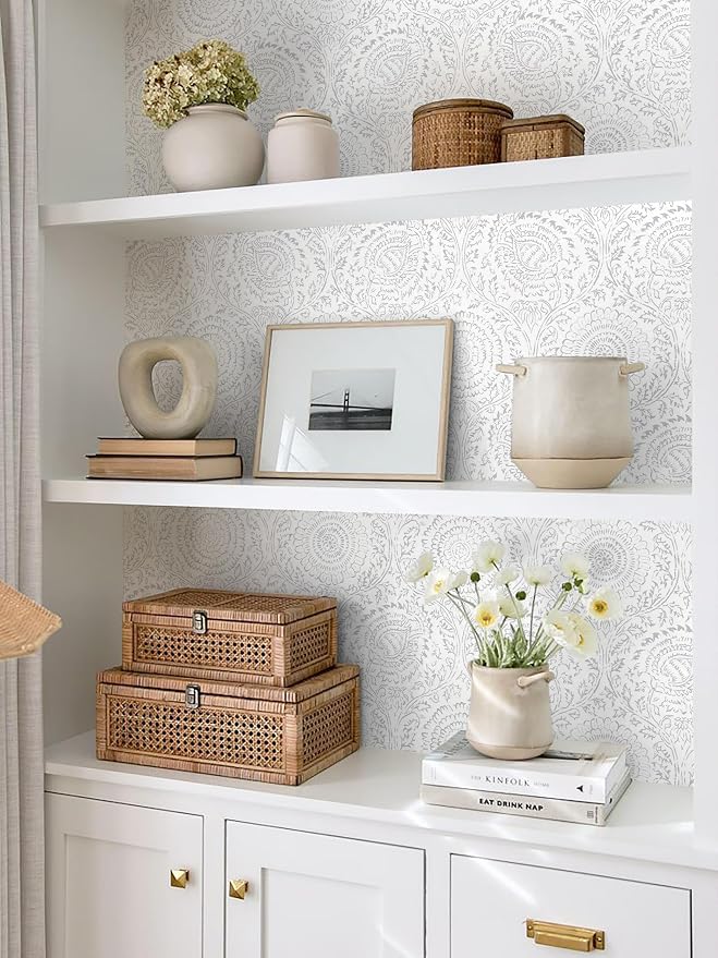 Heroad Peel and Stick Wallpaper Modern Floral Wall Paper Boho Grey Contact Paper Removable Self Adhesive Waterproof Wallpaper for Bedroom Bathroom Walls and Kitchen Cabinet Vinyl 17.3”x78.7”