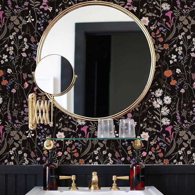 Wallpaper Self-Adhesive Blooming Vintage Colourful Flowers Wall Paper for Bedroom Living Room Cabinet, Peel and Stick Beige Sketch Little Flowers Wallpaper Mural 7.1 sq. feet (17.3''''x59.1'', Black)