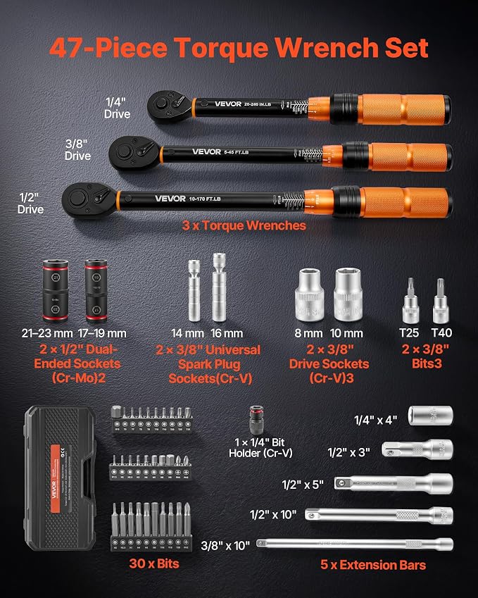 VEVOR Torque Wrench Set 1/4" 3/8" 1/2" Drive Click Torque Wrench 47-Piece, Dual Scale Readings, ±3% High Precision, with Spark Plug Sockets, Bits, Extension Bars, Storage Case, for Automotive Repair