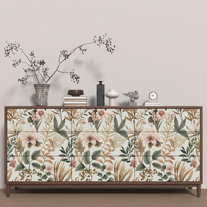 Vintage Pink Green Gold Floral Botanical Wallpaper 17.5''x393'' | Self Adhesive/Removable/Waterproof/Thick Vinyl Contact Paper for Bathroom Bedroom Shelf Cabinet Drawer,Prepasted,Easy Peel