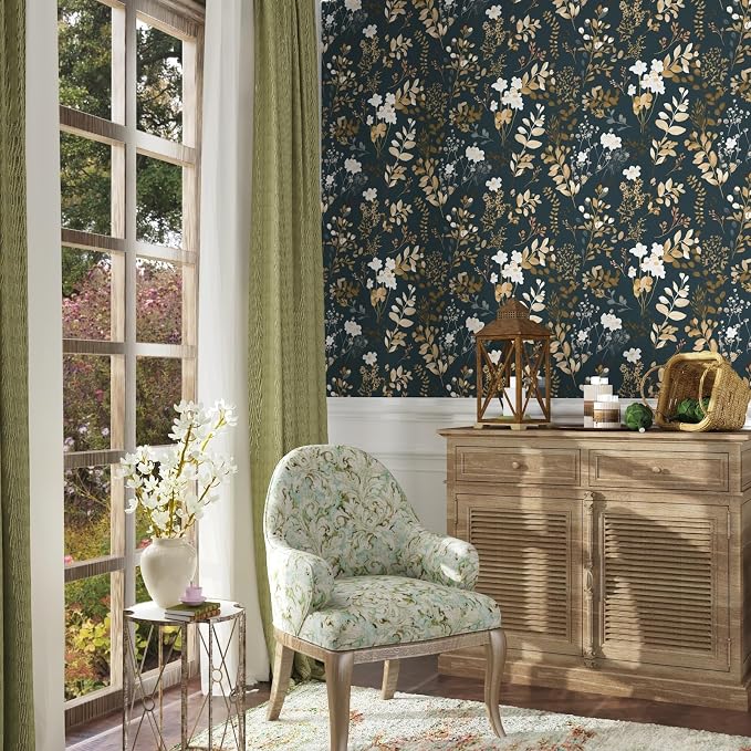 Laatse Floral Wallpaper Peel and Stick Vintage Wallpaper Boho Navy Contact Paper Waterproof Self Adhesive Modern Gold Leaf Wall Paper for Cabinet Walls Kitchen 17.5in x 393in