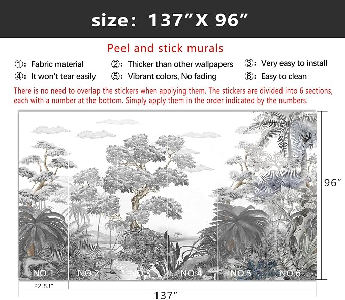 YIHWM-Peel and Stick Tropical Rainforest Wallpaper Grey Jungle Plants Mural | Tear-resistant,with a substantial feel;Will not be damaged during repositioning.Bathroom,Bedroom wallpaper.L-137"x96"