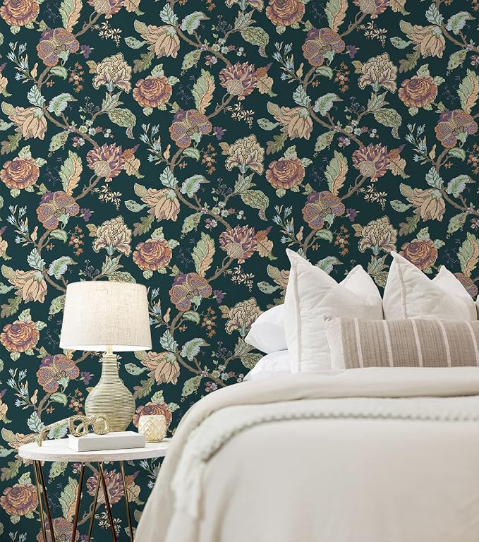 NextWall Kianna Jacobean Floral Peel and Stick Wallpaper (Victorian Jade)