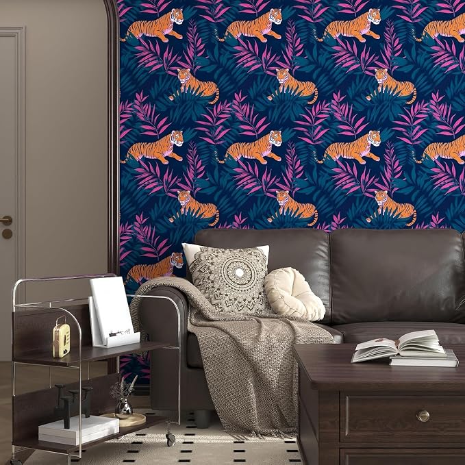 Dark Blue Vintage Tiger Peel and Stick Wallpaper 17.5" x 118" | Waterproof Vinyl Self Adhesive Removable Renter Friendly Floral Contact Paper