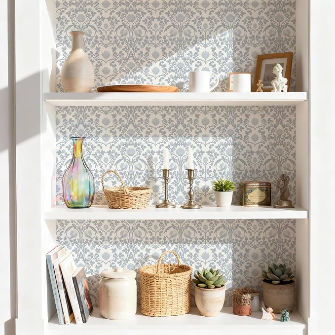 YXTII 17.3" × 393.7" Blue Floral Peel and Stick Wallpaper, Damask Vintage Wallpaper for Bedroom Bathroom Self Adhesive Removable
