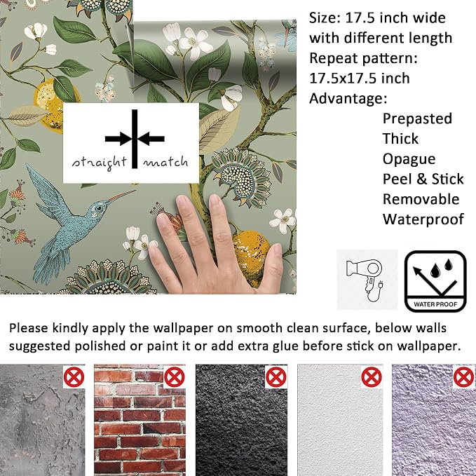 Livelynine 17.5x591 Vintage Peel and Stick Wallpaper Birds Flowers Kitchen Wallpaper Sage Green Floral Gold Lemons Trees Boho Blue Bird Self Adhesive Contact Paper Decorative Cabinet Vinyl Wrap Walls