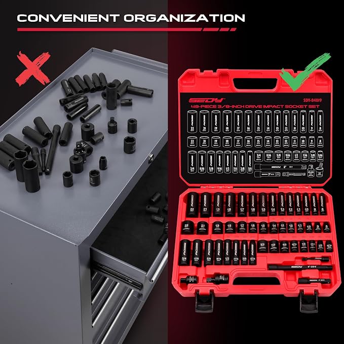 3/8" Drive Impact Socket Set - 49-Piece SAE (5/16 to 3/4 inch) and Metric (8-22mm) Sizes with Extension Bars and Universal Joint Standard & Deep CR-V Material for High Durability Impact Wrench