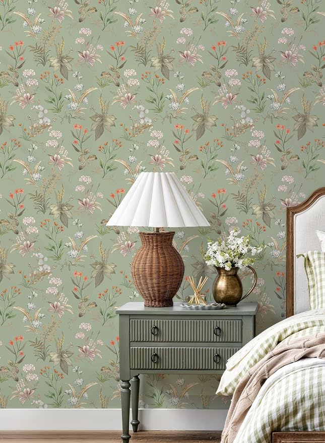 Simon&Siff Vintage Floral Peel and Stick Wallpaper 1200" x 17.3" | Sage Green Botanical Contact Paper, Self Adhesive Removable Wall Paper, Renter Friendly, Bedroom Cabinets DIY Decor