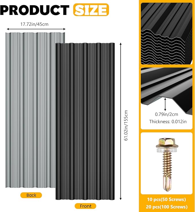 20 pcs Metal Roofing Panels - Corrugated Galvanized Roof Panels L61.02x W17.72 Inch, Waterproof Tin Roof Sheets for Garages,Sheds, Stables and Mobile Homes, Includes Screws(Black,L61.02''-20)