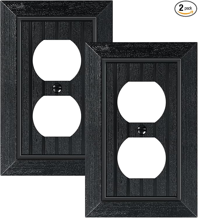 2-Pack Classic Beadboard Duplex Outlet Cover Plate, Decorative Unbreakable Polycarbonate Switch Plates and Outlet Covers, Matte Black Wall Plates for Electrical Outlets, 1 Gang Receptacle Cover