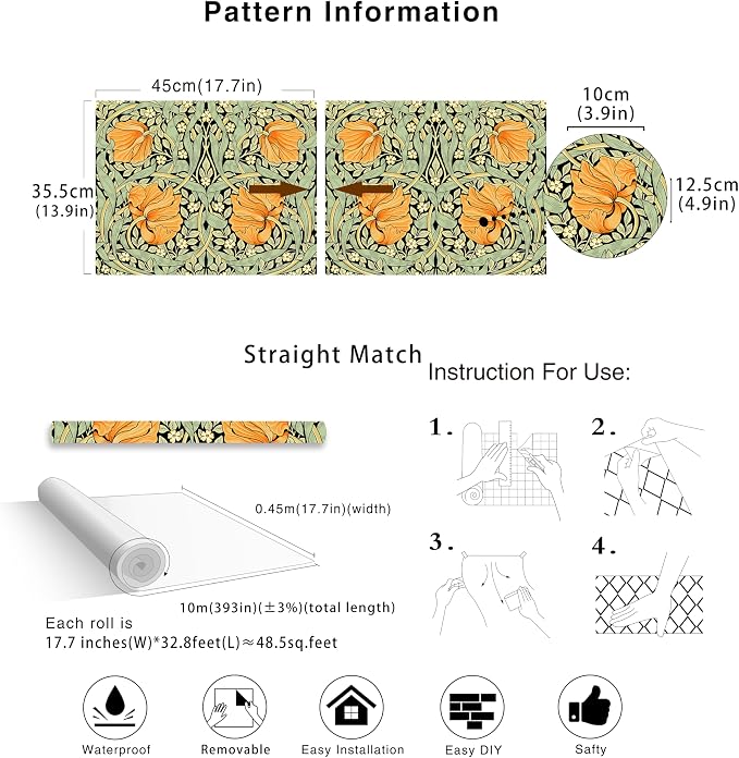 HAOKHOME Vintage Floral Wallpaper Peel and Stick Botanical Green/Yellow/Black Wall Murals Home Kitchen Bedroom Decor by William Morris 17.7in x 32.8ft