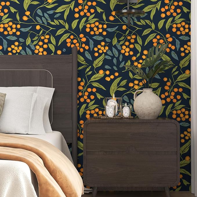 BOKEBEVE Leaf Floral Wallpaper Peel n Stick Boho Blue Orange 17.5 x 787In | Super Long Removable Renter Friendly Vibrant Watercolor Wall Paper for Bedroom Bathroom Living Room Feature Accent Wall