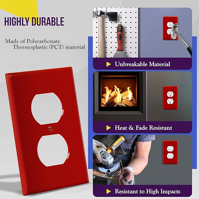 ENERLITES Duplex Receptacle Outlet Wall Plate, Electrical Outlet Cover, Mid-Size Size 1-Gang 4.88" x 3.11", Unbreakable Polycarbonate Thermoplastic, UL Listed, 8821M-R, Red