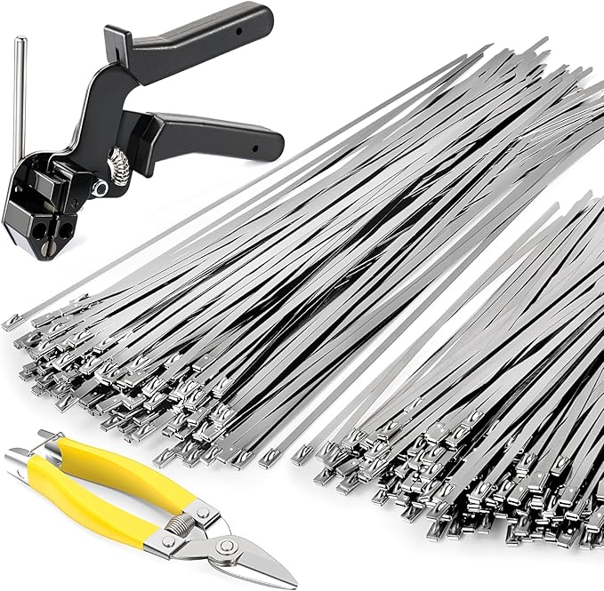 Stainless steel cable tie gun kit, with 200 heavy-duty metal zip ties | Tensile strength 200 lbs two sizes of cable ties UV resistant for use in outdoor fencing chicken coops and wire mesh fixing
