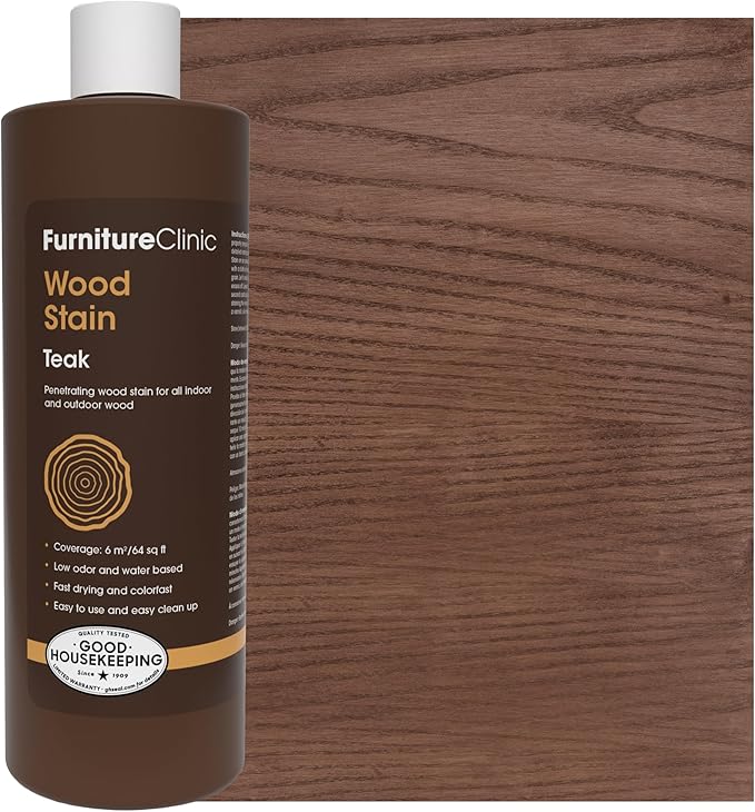 Furniture Clinic Wood Stain | Teak | Water Based | Fast Drying, Low Odor, & Non-Toxic | for Indoor & Outdoor Furniture and More | Multiple Finishes | (17oz / 500ml)