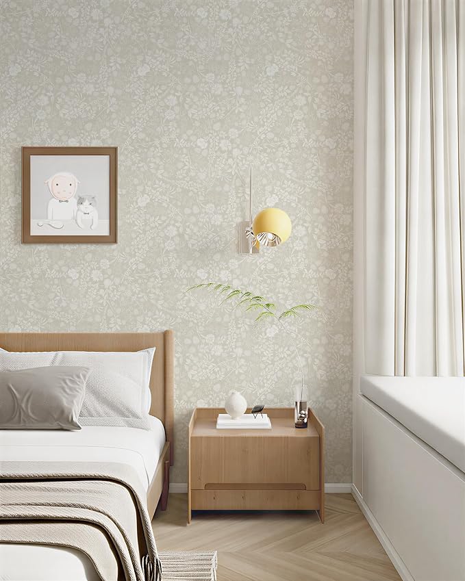 Beige and Cream White Peel and Stick Wallpaper Floral Wallpaper Slef Adhesive Removable Waterproof Contact Paper Boho Wall Paper for Dining Room Bedroom Living Room Bathroom Kitchen 17.3''x78.7''