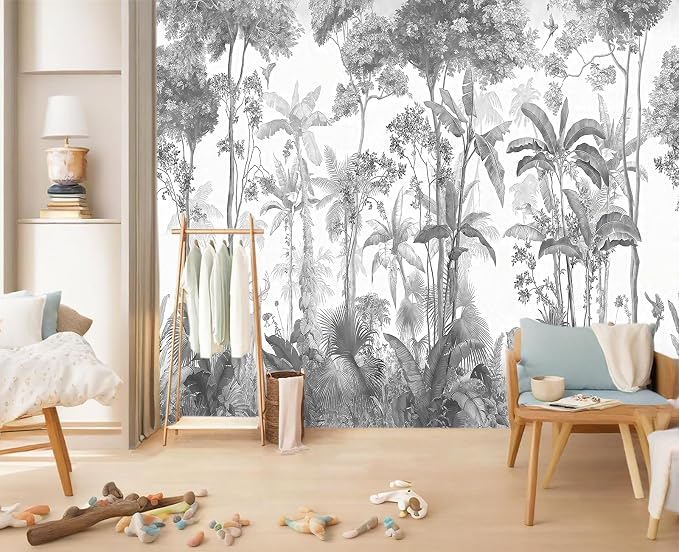 YIHWM-Peel and Stick Tropical Rainforest Wallpaper Grey Jungle Plants Mural | Tear-resistant,with a substantial feel;Will not be damaged during repositioning.Bathroom,Bedroom wallpaper.M-118"x85"