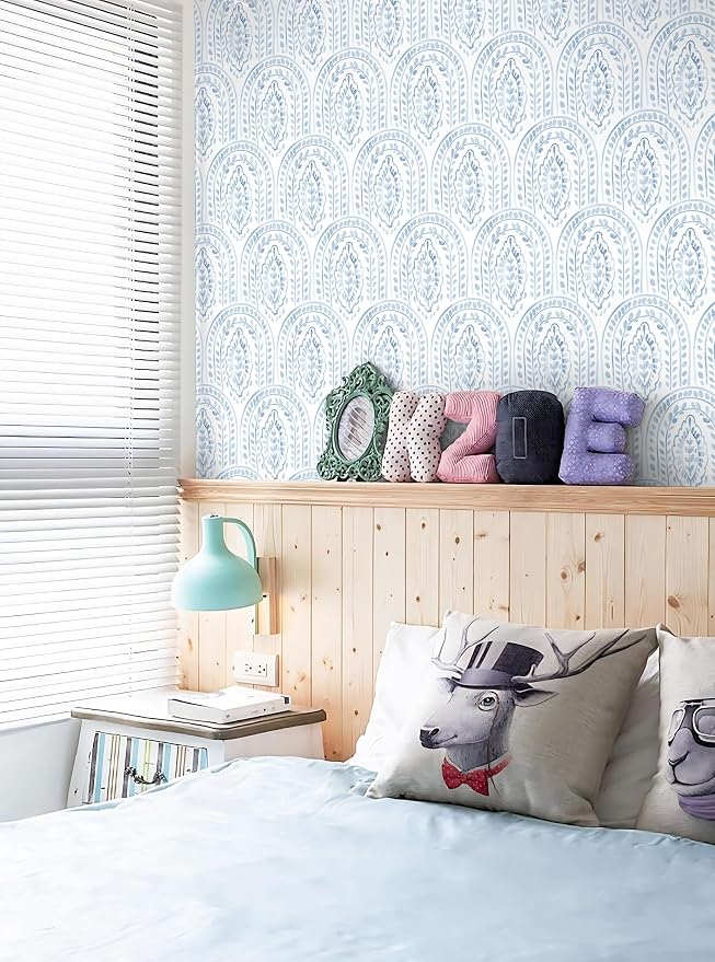 Peel and Stick Wallpaper Modern Wall Paper Boho Contact Paper Removable Peel and Stick Blue and White Self-Adhesive Wallpaper for Bathroom Bedroom Kitchen Wall Decor 17.3" x 394"