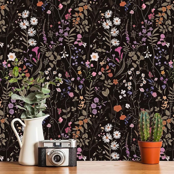 Wallpaper Self-Adhesive Blooming Vintage Colourful Flowers Wall Paper for Bedroom Living Room Cabinet, Peel and Stick Beige Sketch Little Flowers Wallpaper Mural 7.1 sq. feet (17.3''''x59.1'', Black)