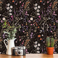 Wallpaper Self-Adhesive Blooming Vintage Colourful Flowers Wall Paper for Bedroom Living Room Cabinet, Peel and Stick Beige Sketch Little Flowers Wallpaper Mural 25.8sq. feet (236.2"x17.3", Black)