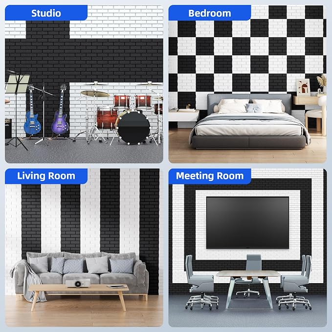 12 Pack Acoustic Panels with Self Adhesive Sound Proof Foam Panels for Wall | 12" X 12" X 0.4" High Density Soundproof Wall Panels, Brick Sound Absorbing Panels for Home Studio Office Decor - Black