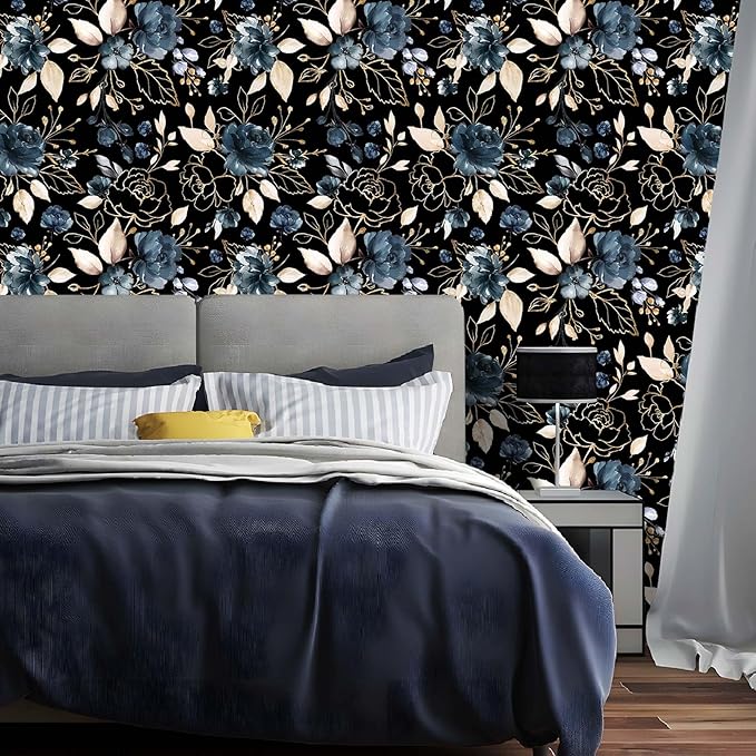 Black Gold Floral Peel and Stick Wallpaper 17.7"x78.8" | Removable thick vinyl, dark botanical design with navy blue flowers, bedroom, bathroom, renter friendly accent walls