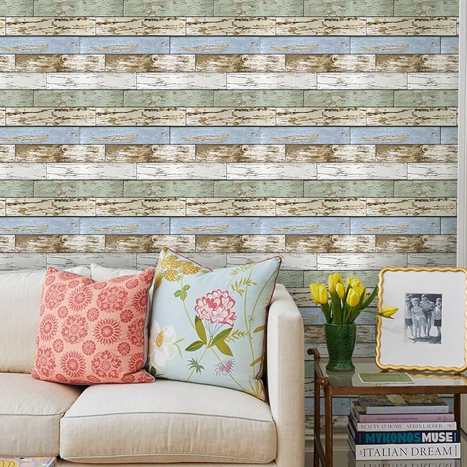 COMSTICKC Peel and Stick Faux Wood Wall Panels Shiplap Blue-Green, 10 Pcs of 12" x 12", Not Real Wood, Thin PVC 3D Fake Wood Self-Adhesive Wall Covering Wallpaper for Interior Farmhouse Decor