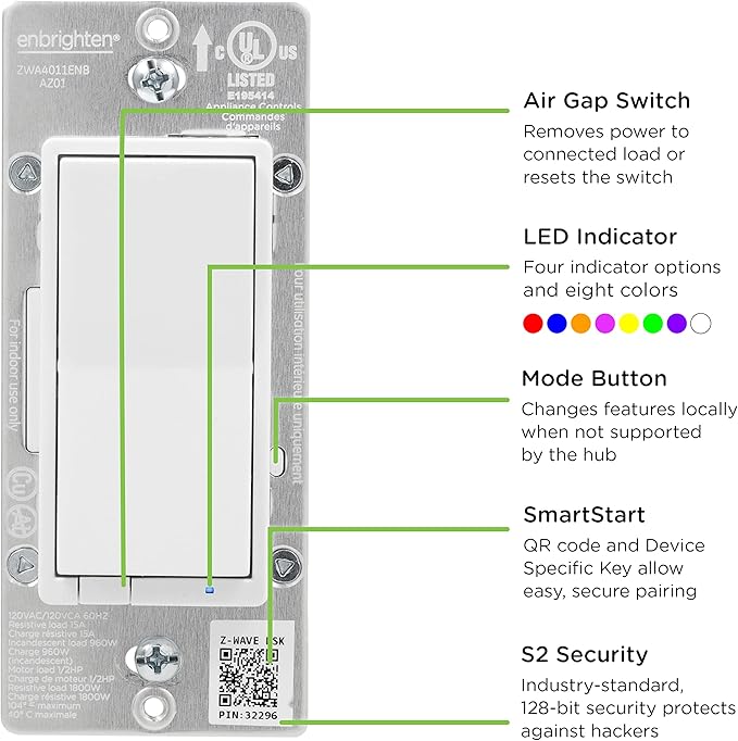 Enbrighten Z-Wave In-Wall Smart Light Switch with QuickFit and SimpleWire, Works with Google Assistant, Alexa, & SmartThings, Z-Wave Hub Required, Smart Home, 700 Series, 58433