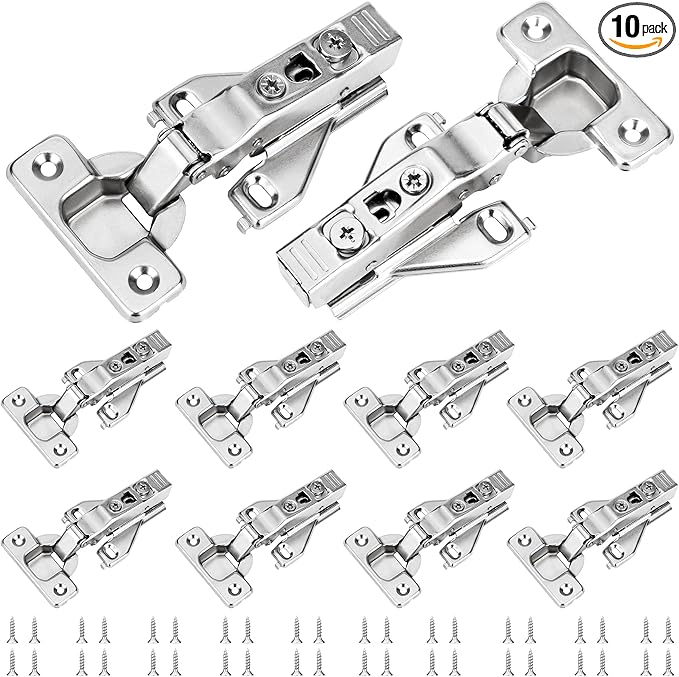10 Pack 1/2'' Overlay Face Frame Soft Close Hidden Cabinet Hinges, 105 Degree 3D Adjustable Clip On Plate Concealed Kitchen Cupboard Door Hinges with Screws