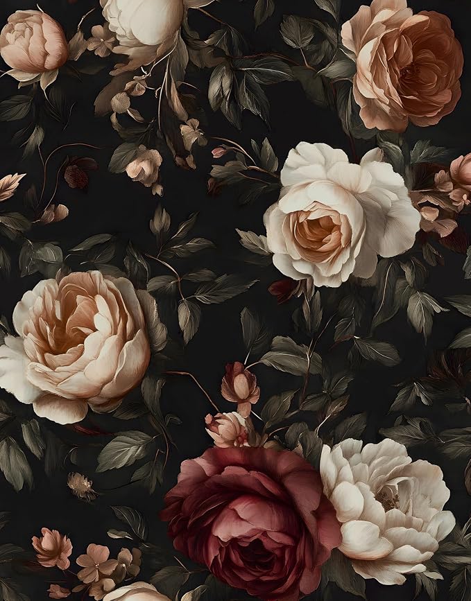 Gothic Black Red Rose Floral Wallpaper Peel and Stick 17.5"x118" | Self Adhesive/Removable/Waterproof/Thick Vinyl Vintage Contact Paper for Bathroom Bedroom Shelf Cabinet Drawer,Prepasted