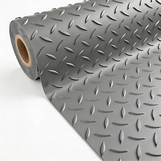 5x15 FT Garage Floor Mat, 2.8mm Thickened PVC Flooring Roll for Under Car, Golf Cart Parking Mat, Diamond Plate Gray Motorcycle Mat for Warehouse, Basement, Gyms, Trailer（Included Tapes）