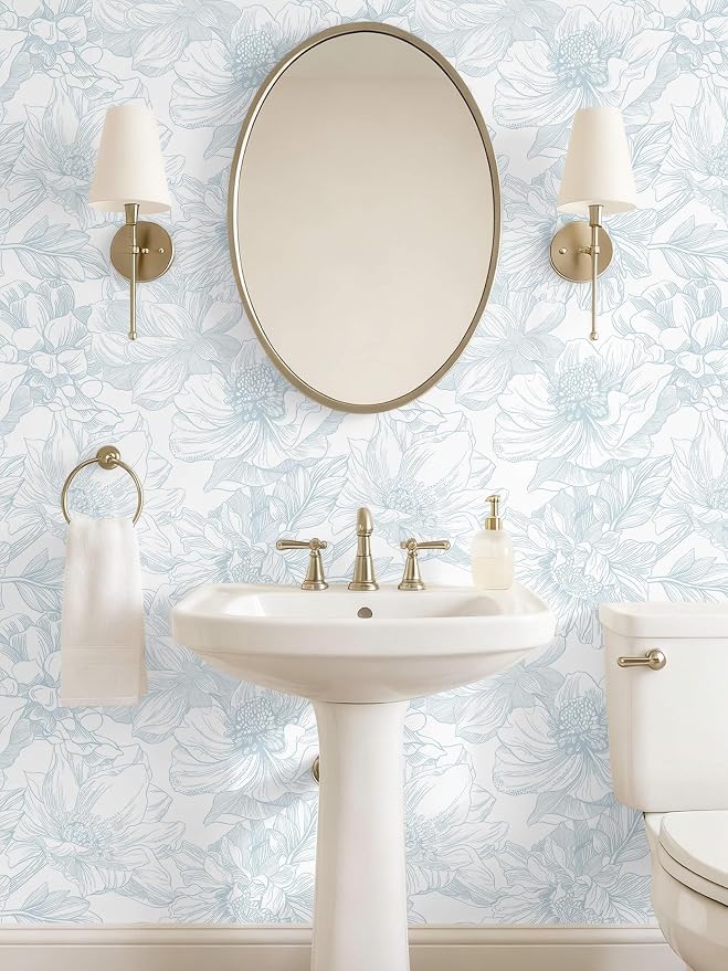 Ismoon Large Floral Peel and Stick Wallpaper Boho White and Blue Contact Paper 17.3inx16.4ft Modern Wall Paper Removable Self Adhesive Vinyl Wallpaper for Bedroom Cabinet Waterproof Mural Wall Decor