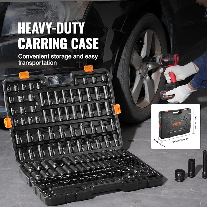 VEVOR Impact Socket Set 130 Piece 3/8" & 1/2" - SAE & Metric Drive Socket Set - 6 Point Cr-Mo Alloy Steel for Auto Repair - Easy-to-Read Size Markings - Includes Storage Case