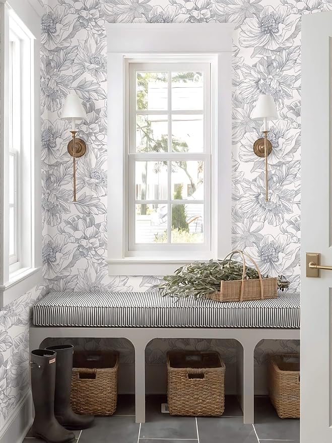 Ismoon Vintage Floral Wallpaper Peel and Stick Beige and Gray Contact Paper 17.3inx32.7ft Removable Self Adhesive Wall Paper for Bathroom Bedroom Cabinet Mural Wall Decor Vinyl Renter Friendly