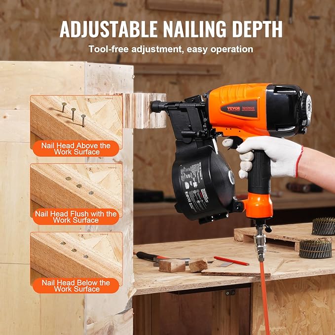 VEVOR Coil Siding Nailer CN65, 1-1/4" to 2-1/2" 15 Degree Pneumatic Siding Nail Gun with Tool-Less Depth Adjustment, 70-120PSI Air Coil Nailer for Siding, Pallet Sheathing, Wooding, Fencing, Decking