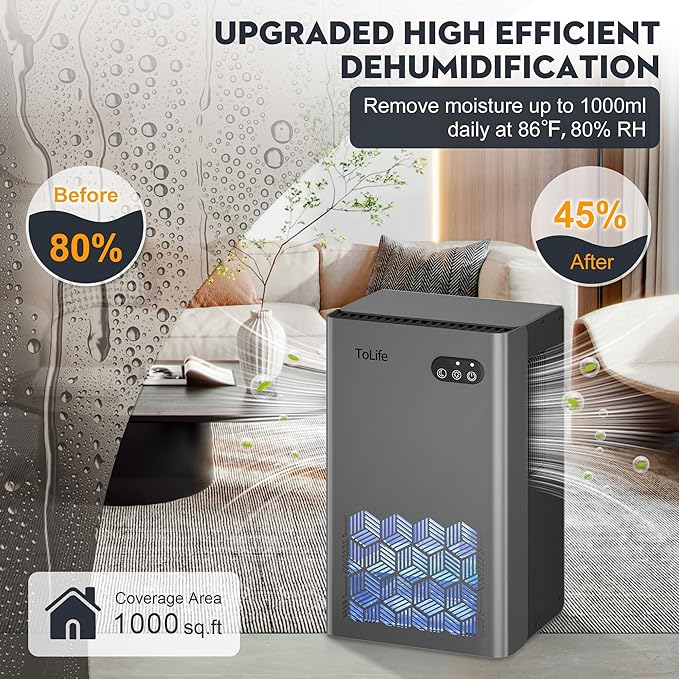 ToLife Dehumidifiers for Home, 1000 sq.ft Dehumidifier for Basement Bathroom Bedroom with 95 OZ Water Tank, Auto Shut Off 7 Colors LED Light, Grey