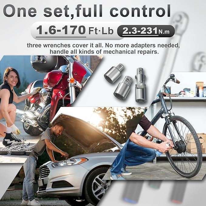 9PCS Torque Wrench Set 1/4 20-220 Inlb,3/8 5-45 &1/2 10-170 Ftlb,6 extension bar&adapter,±3% Accuracy,72 T,Dual Scale,Chrome plated, anti-rust,not scratch&wear-resistant than Black,DIY,car,bike&truck