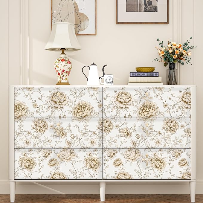 ILHIIOR Beige Floral Peel and Stick Wallpaper Boho Leaf Contact Paper White Flower Removable Self Adhesive Waterproof Wall Paper for Cabinet Drawers Wall Decor Renter Friendly 17.5''x118''