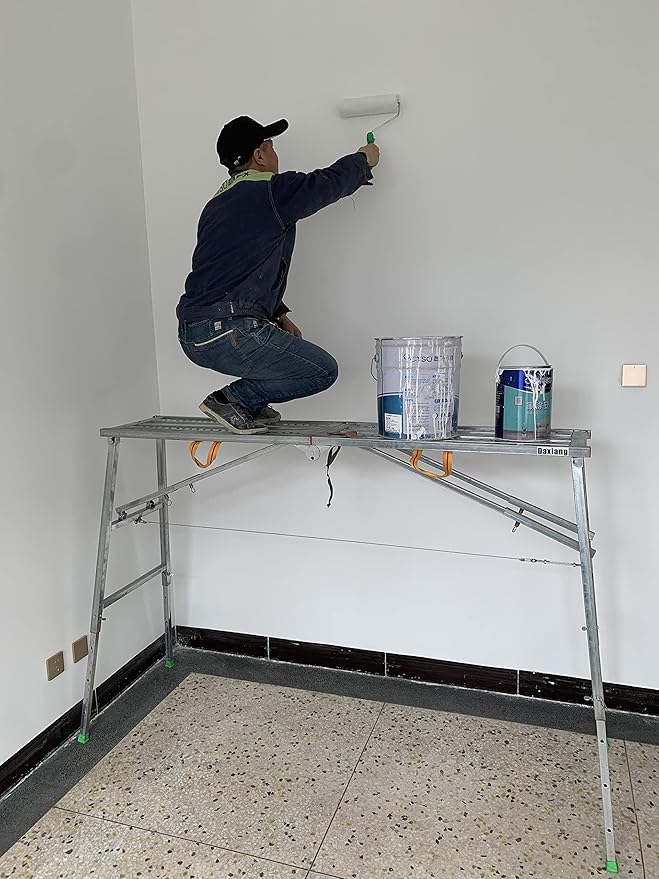 Daxiang Portable Scaffolding Platform 55(L) x15(W) x27-43(H)'' Work Platform Adjustable Height Steel 600 LBS Load Capacity Folding Step Ladder Drywall Painting Stool